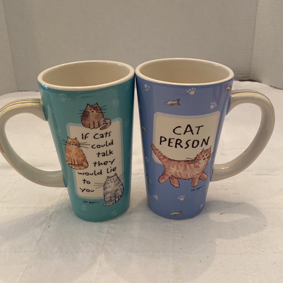 CAT PERSON Tumbleweed pottery cat mugs. Blue cat person mug.Green cat mug - Picture 1 of 6